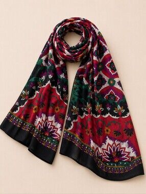 Floral Geometric Square Scarf Red Women Boho 70s Look Grannycore Resortwear